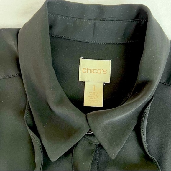 Chico’s Black Long Sleeve Ruffle Button Down Blouse. Size 1 - Picture 4 of 13